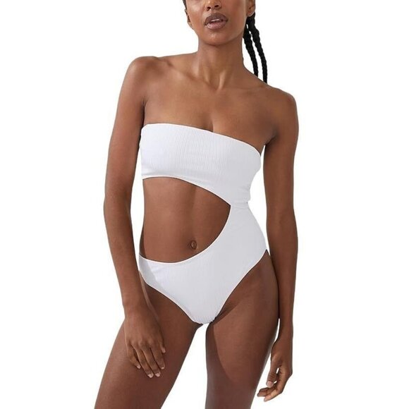 COTTON ON Women's Strapless Cutout Brazilian One-Piece Swimsuit White Ribbed - Picture 1 of 5